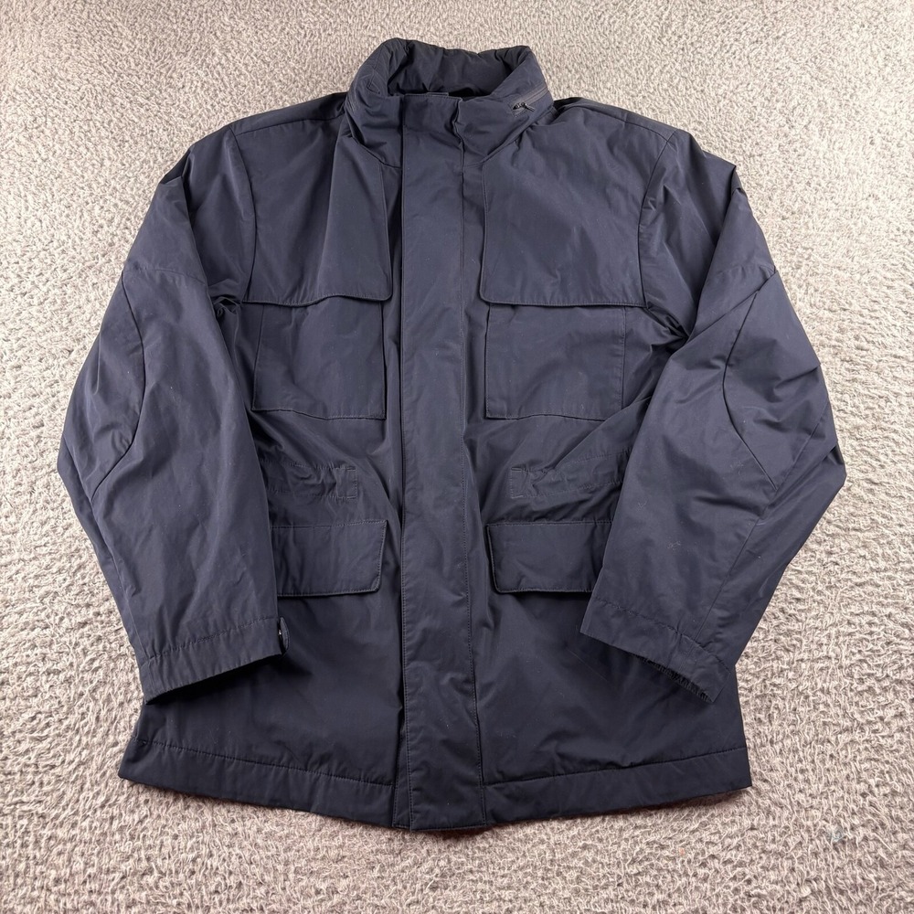 J Hilburn Bomber Jacket Parka Mens 38 Navy Full Zip Hidden Hood Pockets Zip Vent